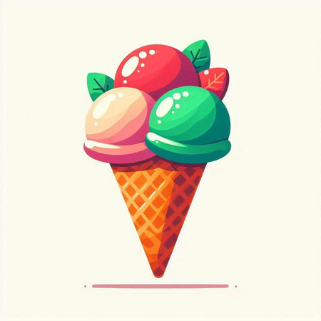 Ice cream in waffle cone with fruits and berries. Vector illustration.のイラスト素材