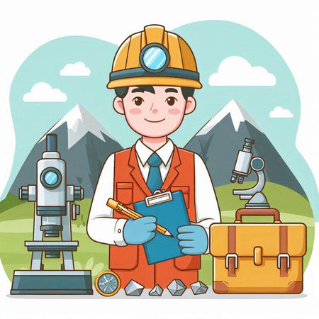 Vector illustration of a male miner with a briefcase and a microscopeのイラスト素材