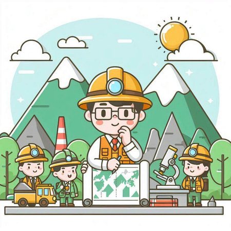 Illustration of a man working in the forest with his team.のイラスト素材