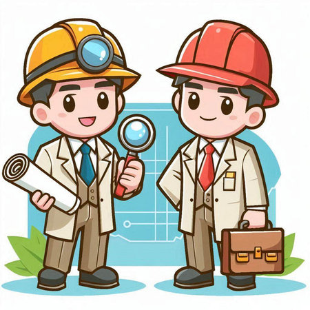 Illustration of a Construction Worker and Engineer with a Magnifying Glassのイラスト素材