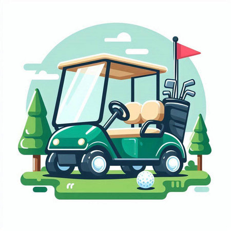 Golf cart on the golf course. Vector illustration in cartoon styleのイラスト素材