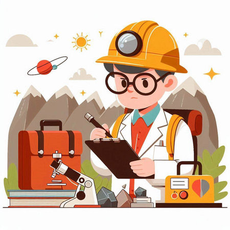Vector illustration of a male engineer writing on clipboard in the mountains.のイラスト素材