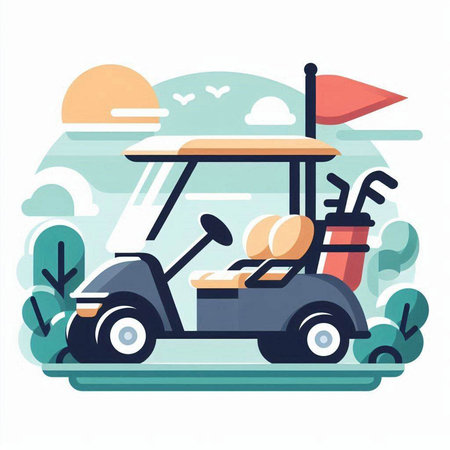 Golf cart on the golf course. Vector illustration in flat styleのイラスト素材