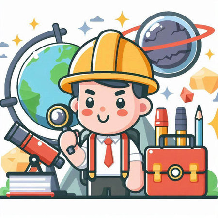 Cartoon Vector Illustration of a Boy Studying in the Universeのイラスト素材