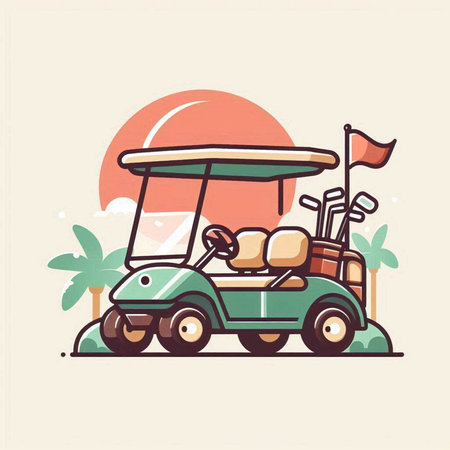 Golf cart on the beach. Vector illustration in flat style.のイラスト素材