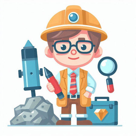 Cute Little Boy in Safety Suit and Hard Hat Holding Magnifying Glass and Construction Tools Vector Illustrationのイラスト素材