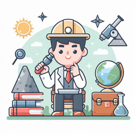 Businessman in hardhat holding magnifying glass. Vector illustration.のイラスト素材