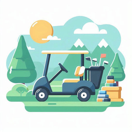 Golf cart on the golf course. Flat style vector illustration.のイラスト素材