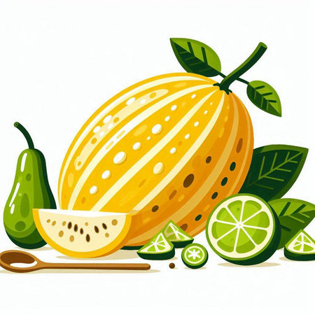 Whole and cut ripe yellow melon on white background. Vector illustration.のイラスト素材