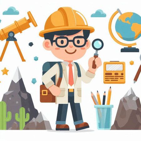 Cartoon boy with a magnifying glass, globe, telescope, map and other objects.のイラスト素材