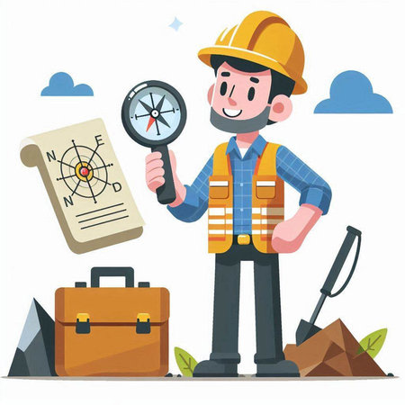 Worker with a magnifying glass and a map. Vector illustrationのイラスト素材