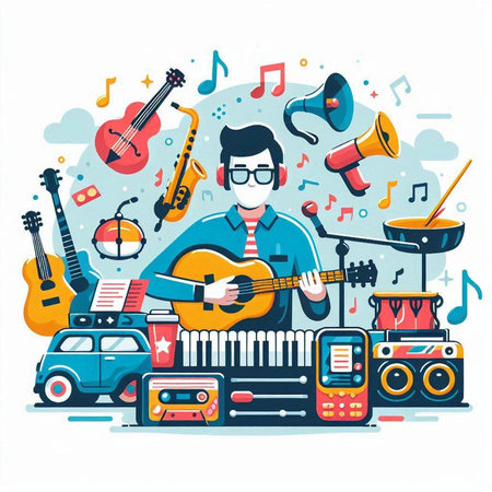 Musician playing guitar in front of musical instruments. Flat vector illustration.のイラスト素材