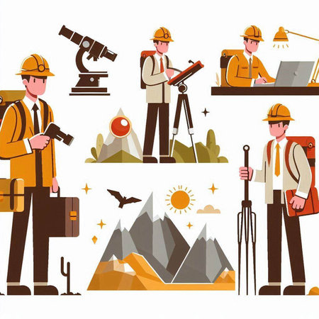Set of vector illustrations of the engineer, architect, engineer, surveyor, foreman. Objects isolated on white background.のイラスト素材