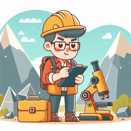 Vector illustration of a male construction worker with a clipboard and a microscope.のイラスト素材