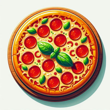 Pizza with pepperoni, mozzarella cheese and basil on white backgroundのイラスト素材