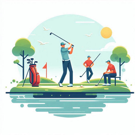 Golf player playing golf in the park. Flat vector illustration.のイラスト素材