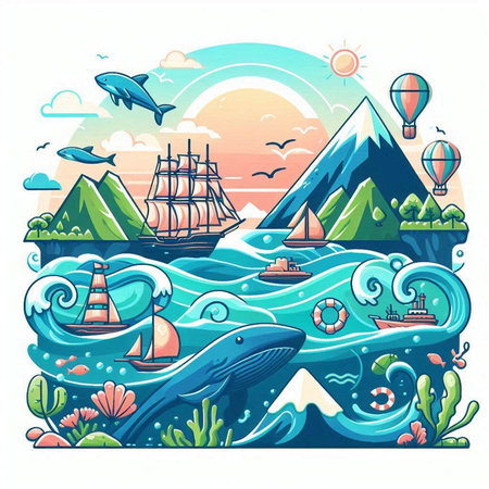 Cartoon sea landscape with whale, mountains and ship. Vector illustrationのイラスト素材