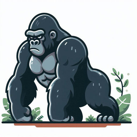 Vector illustration of gorilla sitting on the ground in front of plants.のイラスト素材