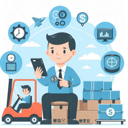 Businessman using mobile phone for online shopping, delivery and logistics conceptのイラスト素材