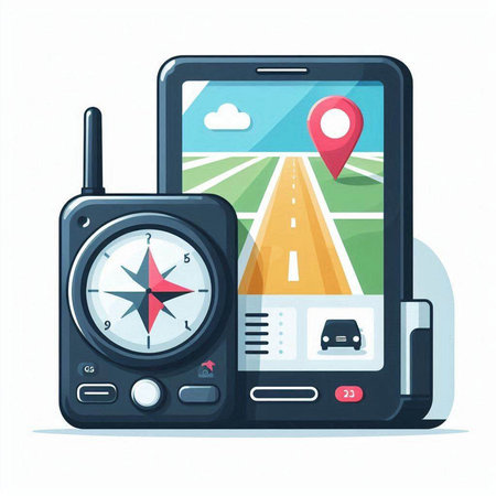 Mobile navigation vector illustration in flat cartoon style. Smartphone with navigator, compass and car on the road.のイラスト素材