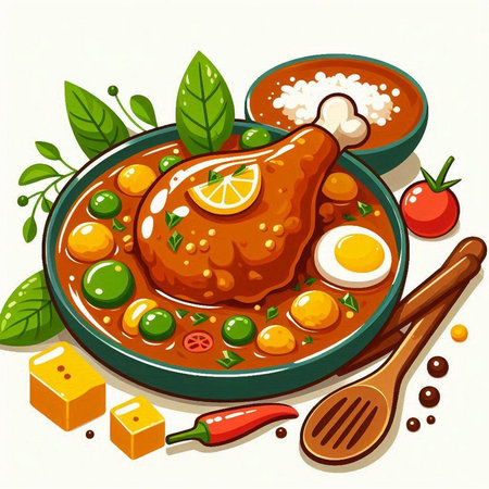 Illustration of a Chicken Curry with Vegetables, Eggs and Saltのイラスト素材