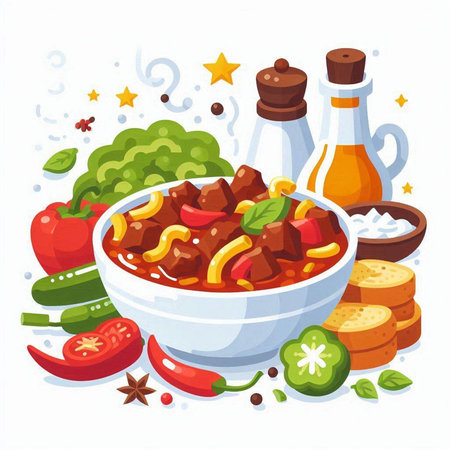 Beef stew in bowl with vegetables and spices. Cartoon vector illustration.のイラスト素材