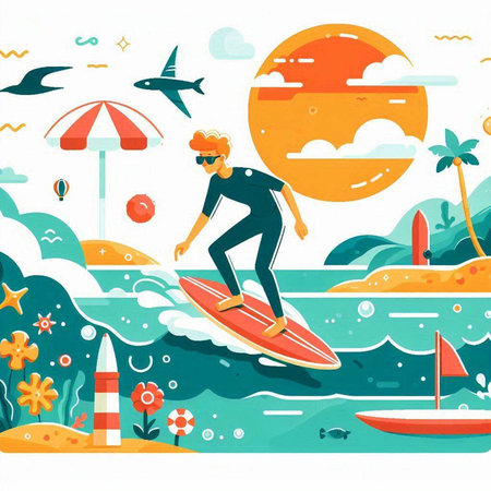 Surfer on the beach. Vector illustration in flat cartoon style.のイラスト素材