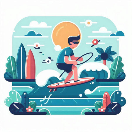 Surfing flat vector illustration. Surfer boy on the surfboard.のイラスト素材