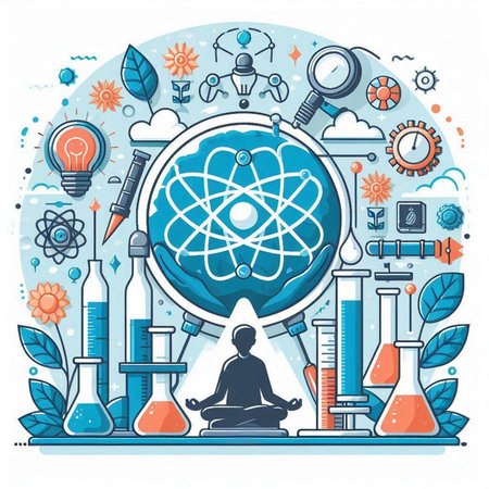 Vector illustration of science and education concept with flat line icons on blue background.のイラスト素材