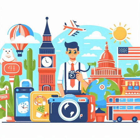 Travel around the world. Vector illustration in flat cartoon style. Traveling around the world.のイラスト素材