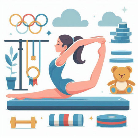 Vector illustration of a girl doing gymnastics in the gym. Flat style.のイラスト素材