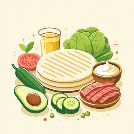 Vector illustration of tortilla with vegetables, cheese, bacon, avocado, cucumber and tomato juiceのイラスト素材