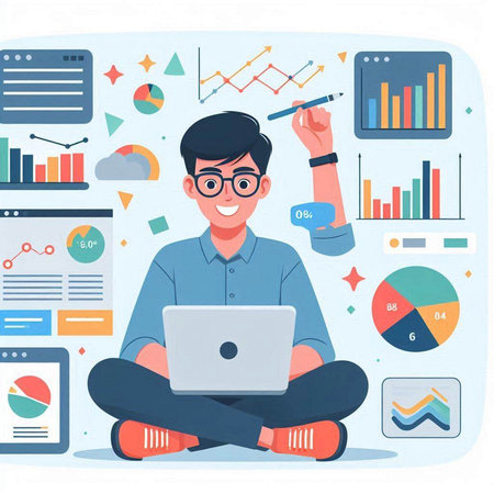 Young man sitting on the floor and working on laptop. Vector illustration.のイラスト素材