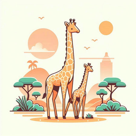 Giraffe family in savannah. Vector illustration in flat styleのイラスト素材
