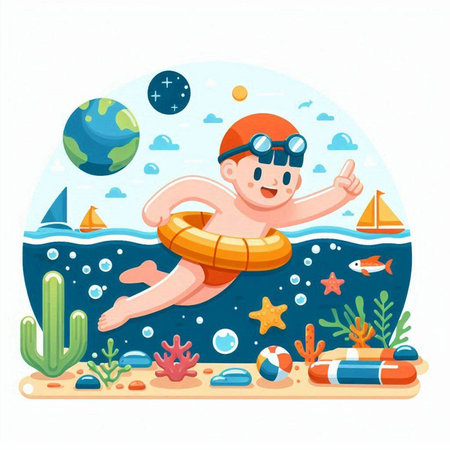 Cute cartoon boy swimming in the sea. Vector illustration on white background.のイラスト素材