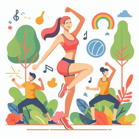 Sporty people exercising in the park. Flat design vector illustration.のイラスト素材