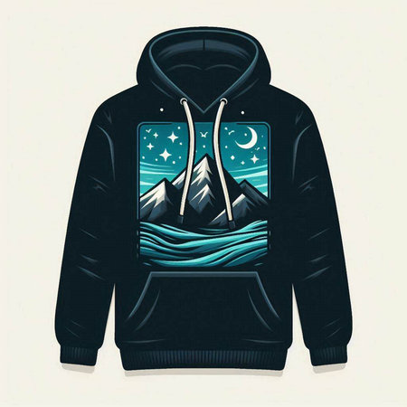 Vector illustration of a hoodie with mountains and a crescent moonのイラスト素材