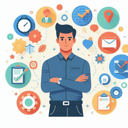 Businessman with crossed arms and various icons around him. Vector illustration.のイラスト素材