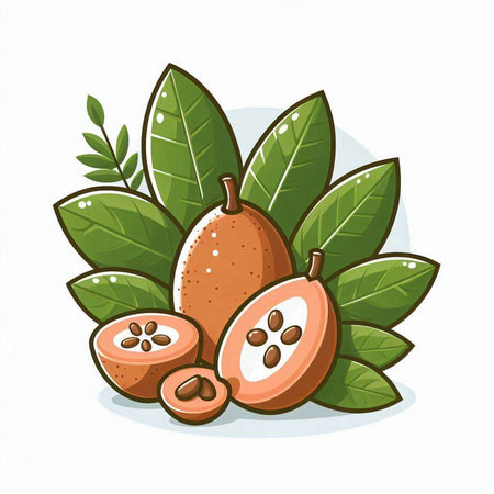 Illustration of fresh sapodilla fruits with leaves on white backgroundのイラスト素材