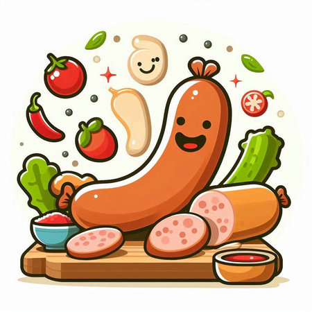 Illustration of a Smiling Sausage with Vegetables and Sauceのイラスト素材
