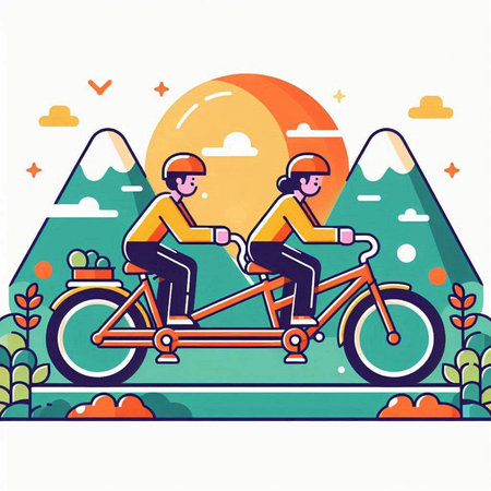 Vector illustration of two men riding bikes in the mountains. Colorful flat design.のイラスト素材
