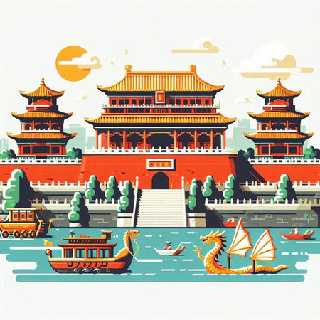 Chinese ancient buildings and dragon boat on the river. Vector illustration.のイラスト素材