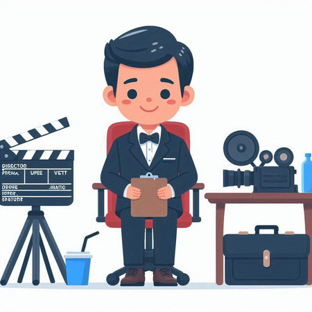 Cute cartoon man in suit sitting at the table with movie clapper. Vector illustration.のイラスト素材