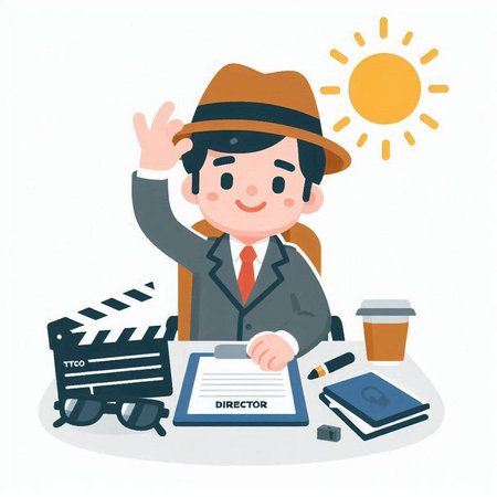 Illustration of a detective man with a clapperboard and a clipboardのイラスト素材