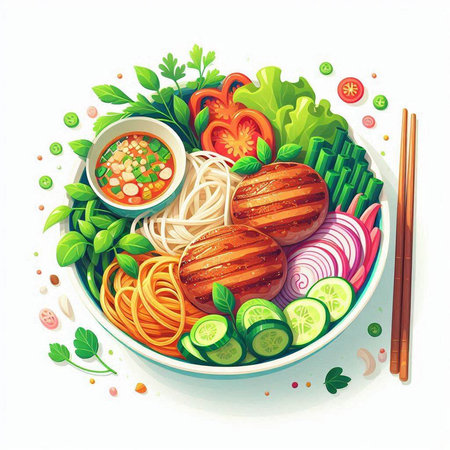 Illustration of a bowl of noodle with grilled chicken and vegetablesのイラスト素材