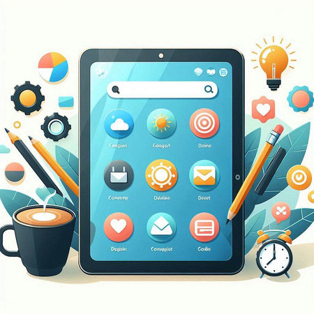 Tablet computer with social media icons on screen. Vector illustration.のイラスト素材