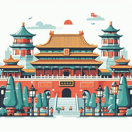Vector illustration of China Gate in Beijing, China. Chinese ancient architecture.のイラスト素材