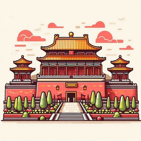 Chinese ancient building in Beijing, China. Vector illustration in vintage style.のイラスト素材