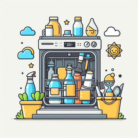 Dishwasher with cleaning products. Vector illustration in line art style.のイラスト素材