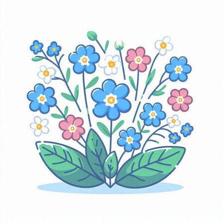 Blue and pink forget-me-not flowers with green leaves on white backgroundのイラスト素材